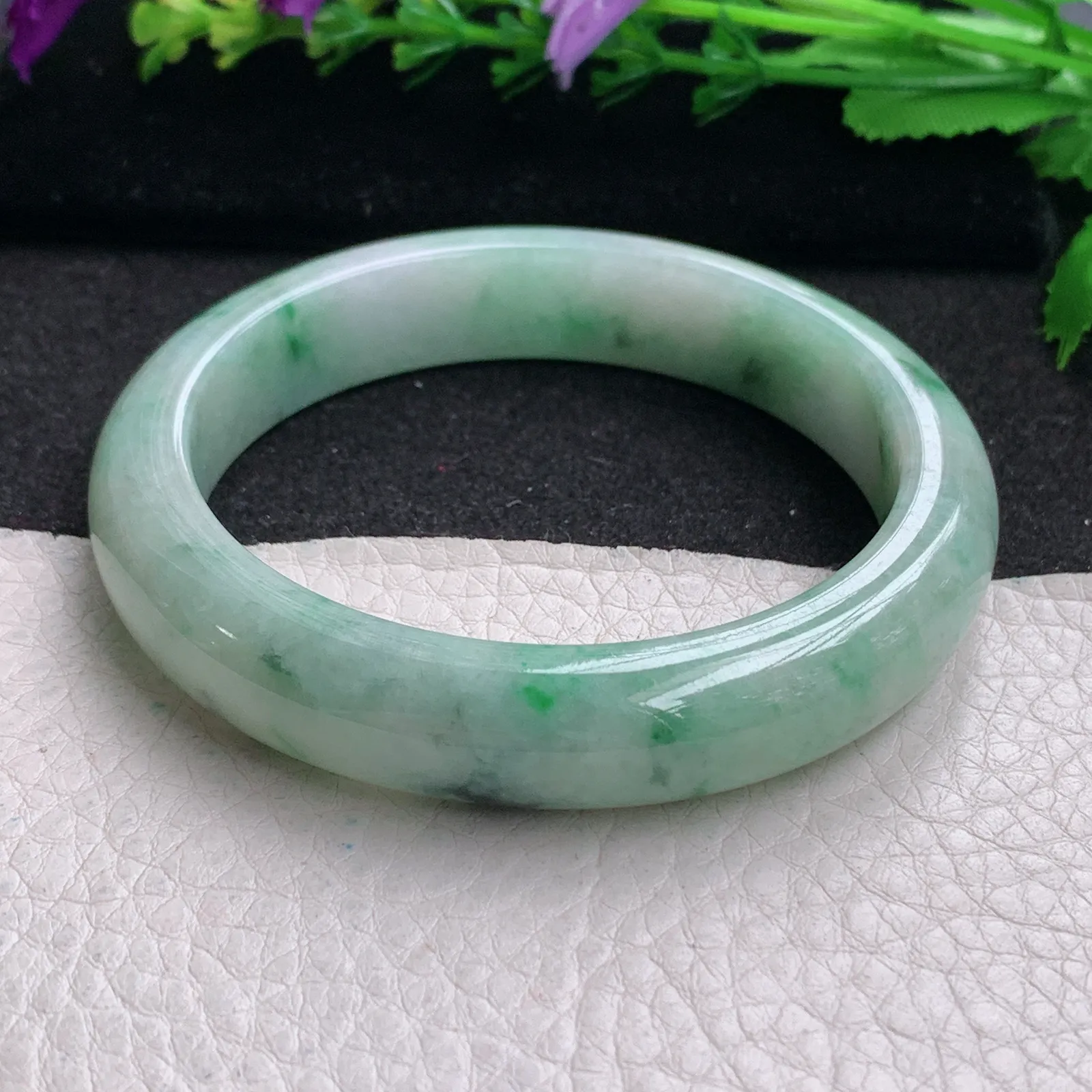 ll实拍58.5*12.5*9平安镯 缅甸翡翠精美飘花水润宽边玉手镯 玉手环