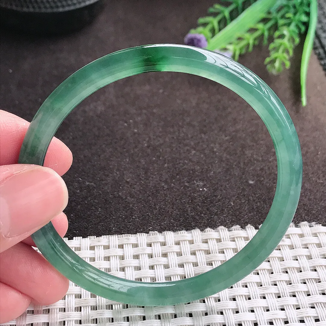 实拍A货翡翠58/6老坑冰纯果冻胶满蓝韵圆条手镯翡翠玉镯