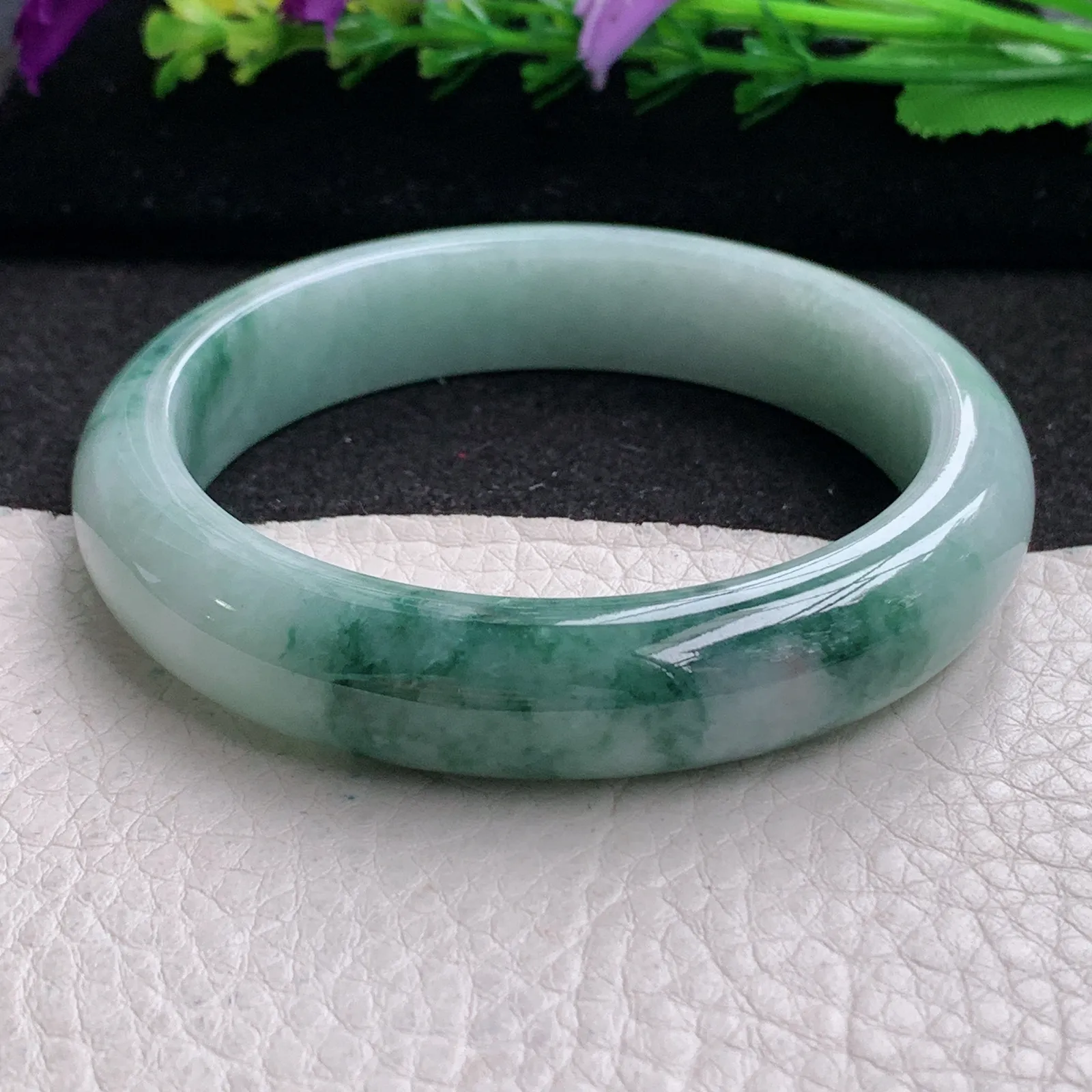 ll实拍58.6*13*8平安镯 缅甸翡翠精美飘花水润宽边玉手镯 玉手环