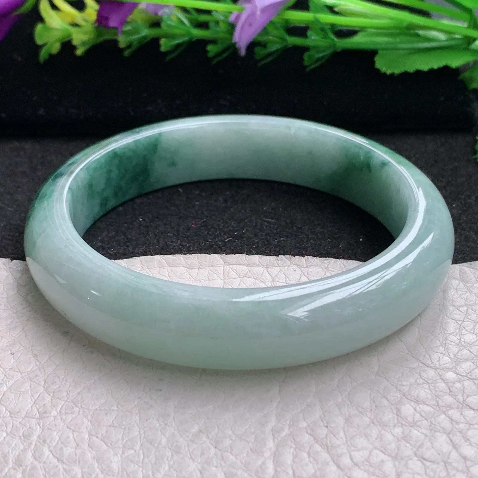 ll实拍58.6*13*8平安镯 缅甸翡翠精美飘花水润宽边玉手镯 玉手环