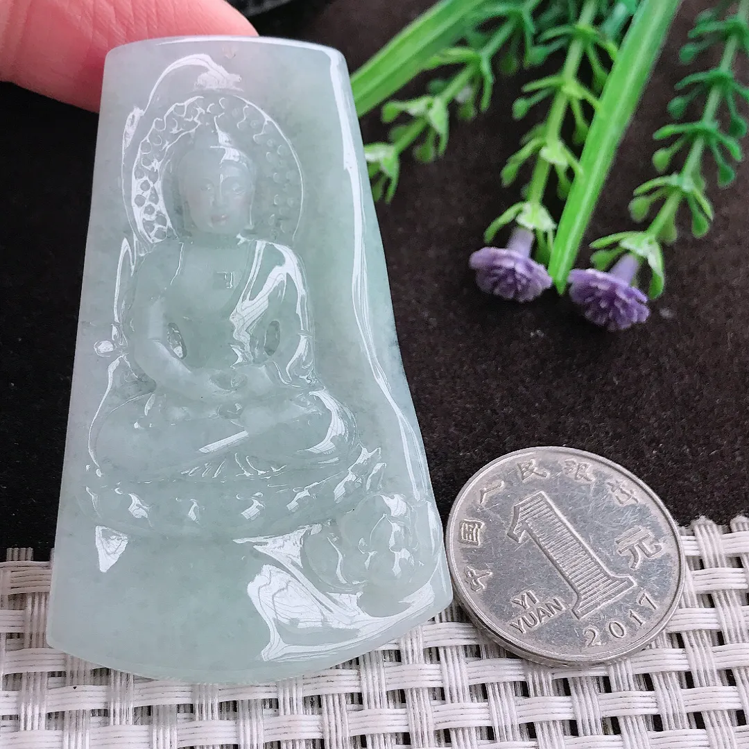 实拍A货翡翠62.8/40/4.5老坑秀气冰润大日如来佛祖吊坠翡翠玉牌挂件