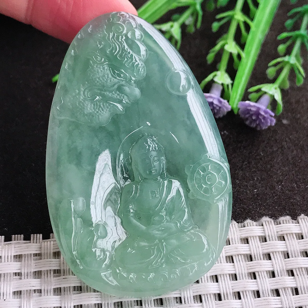 实拍A货翡翠61/39/5.1老坑冰胶果冻胶冰晴绿如来佛祖吊坠翡翠玉牌挂件