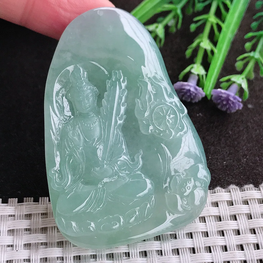 实拍A货翡翠60.6/41.8/6老坑冰胶水灵冰晴绿文殊菩萨吊坠翡翠观音玉牌挂件