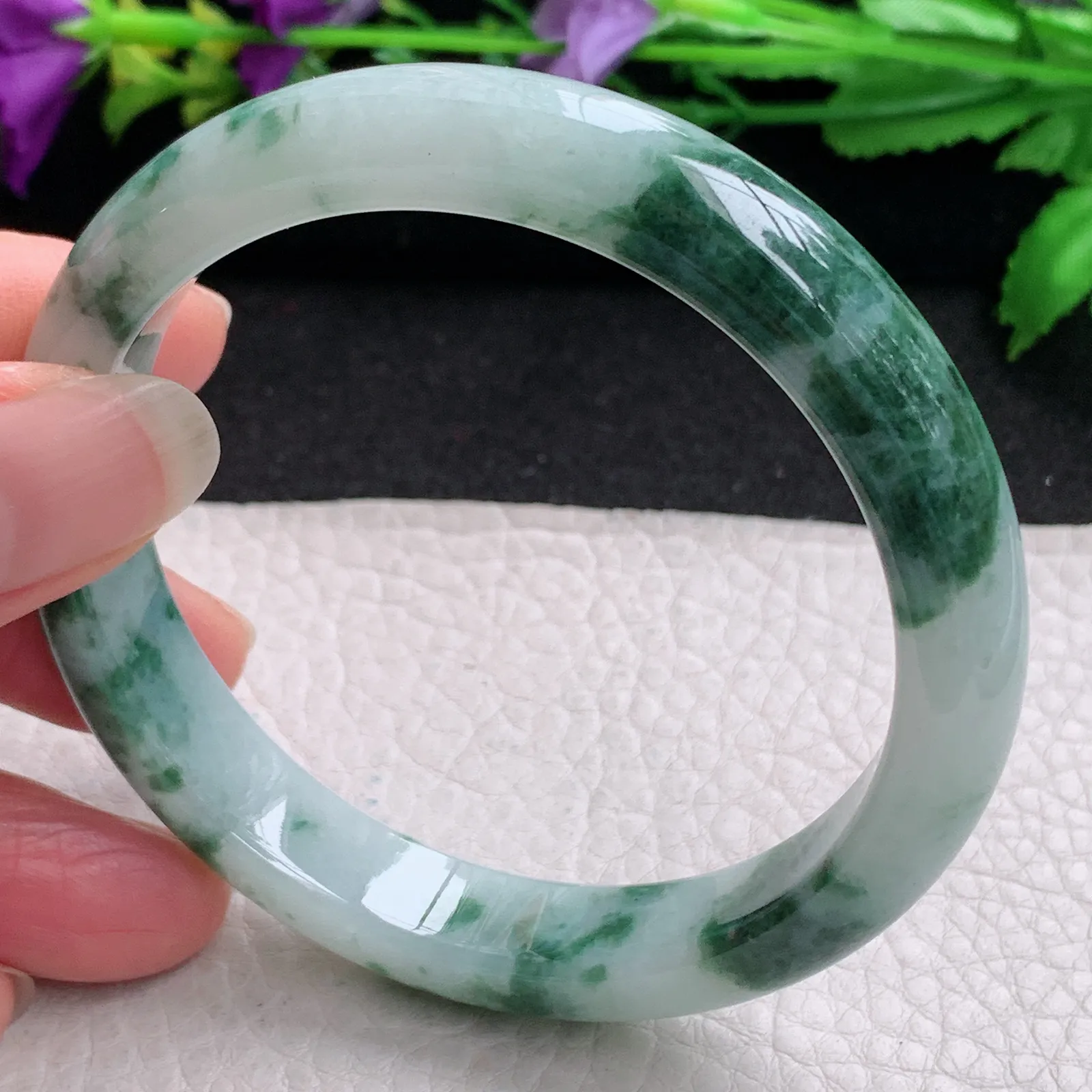 ll实拍59*11.8*7.8平安镯 缅甸翡翠精美冰飘花水润宽边玉手镯 玉手环