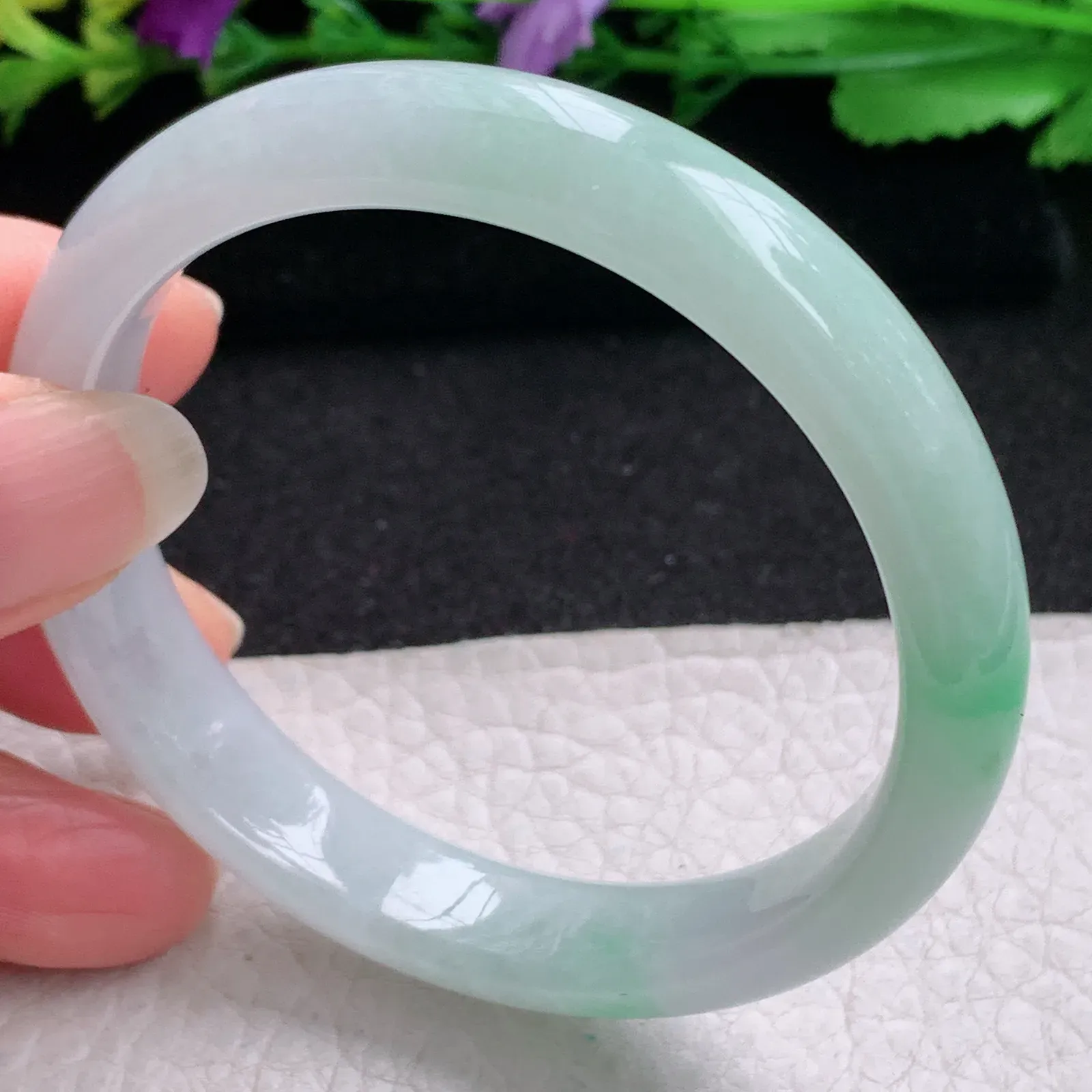 js实拍54.5*11.5*6.8平安镯 缅甸翡翠精美冰飘绿花宽边玉手镯 玉手环