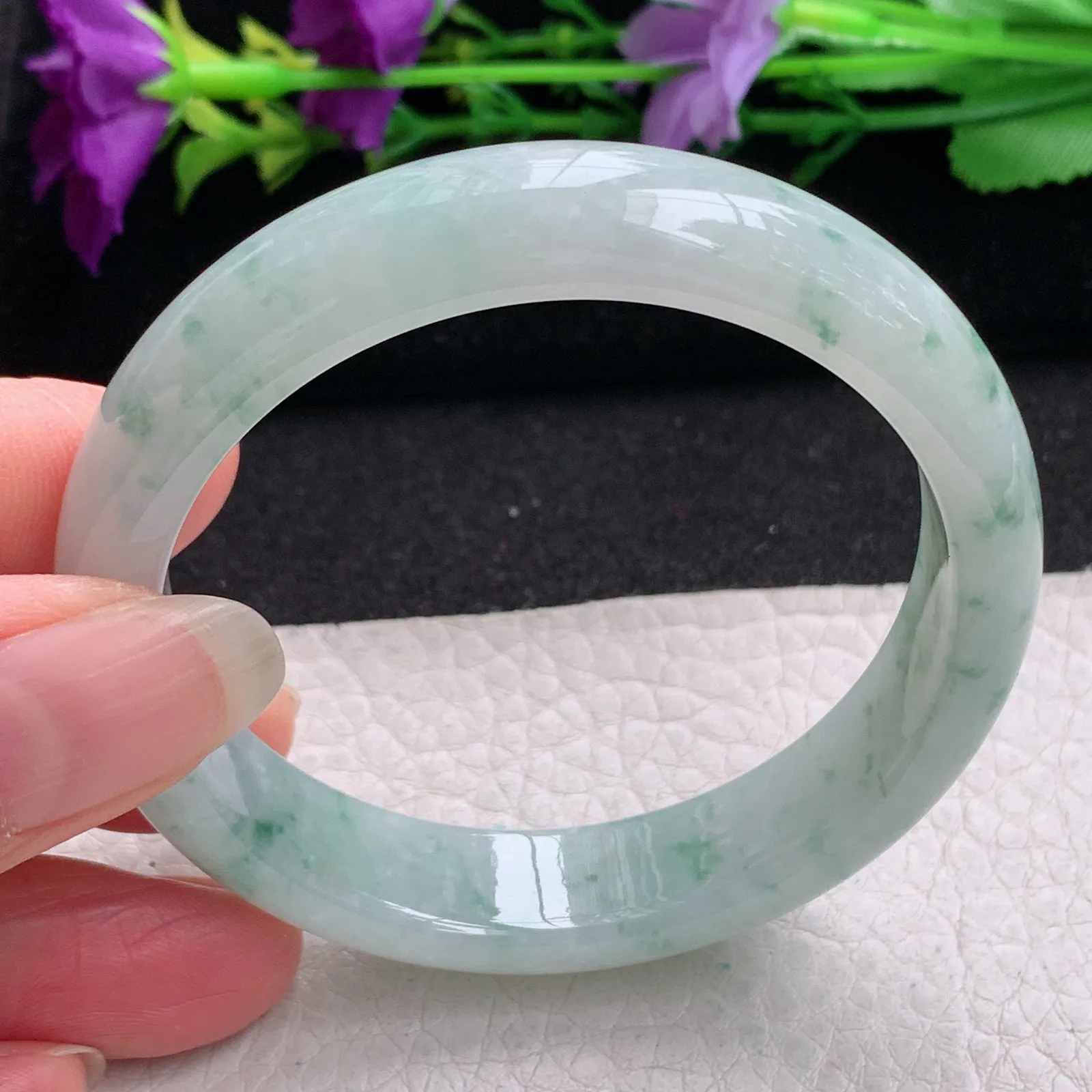 ll小圈口53*12.3*7平安镯 缅甸翡翠精美冰飘秀气宽边玉手镯 玉手环