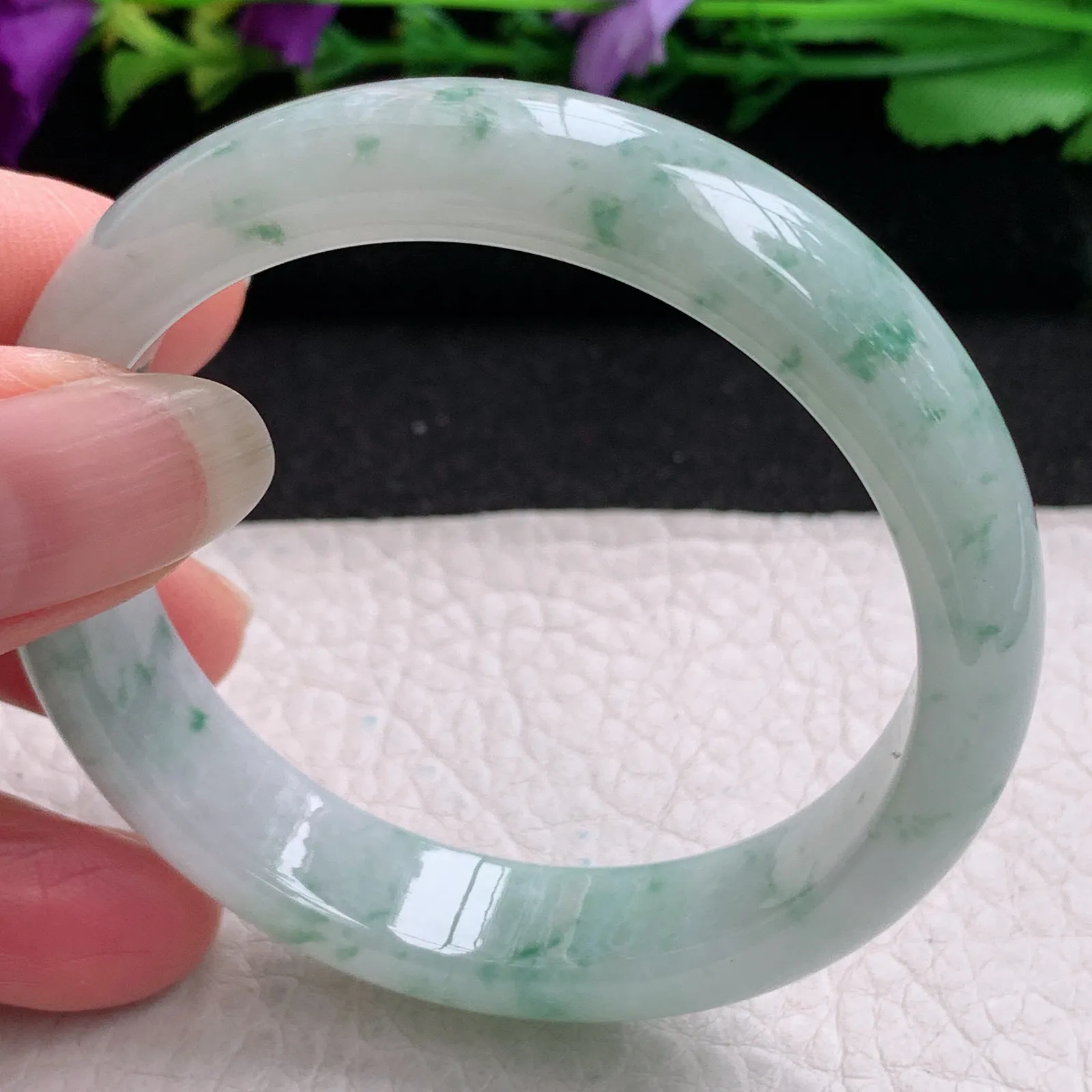 ll小圈口53*12.3*7平安镯 缅甸翡翠精美冰飘秀气宽边玉手镯 玉手环