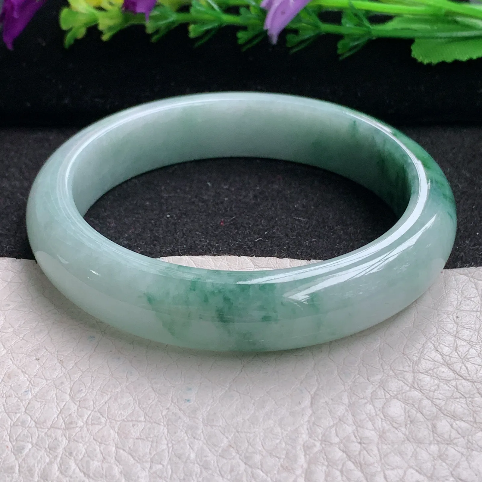 ll实拍58.6*13*8平安镯 缅甸翡翠精美飘花水润宽边玉手镯 玉手环