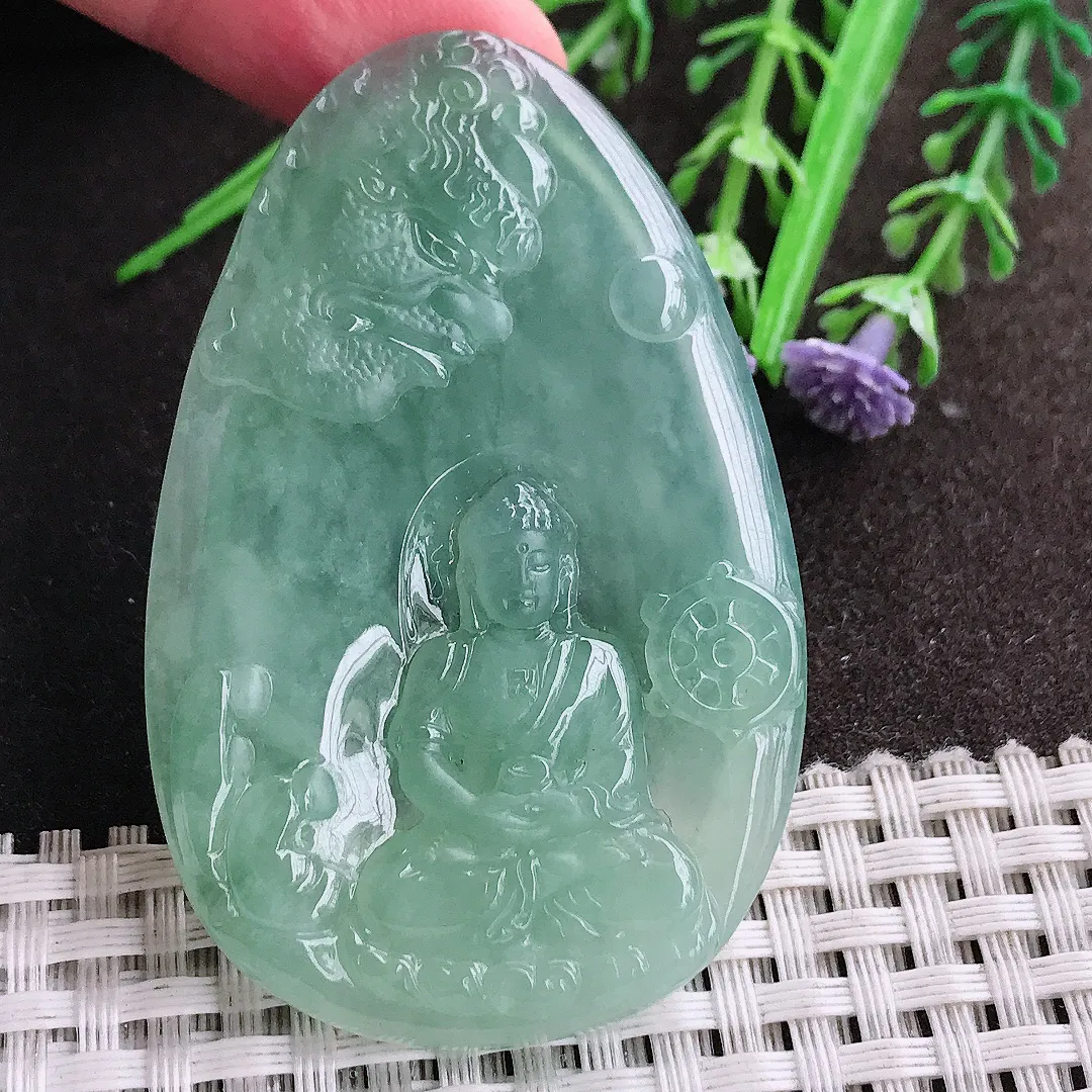 实拍A货翡翠61/39/5.1老坑冰胶果冻胶冰晴绿如来佛祖吊坠翡翠玉牌挂件
