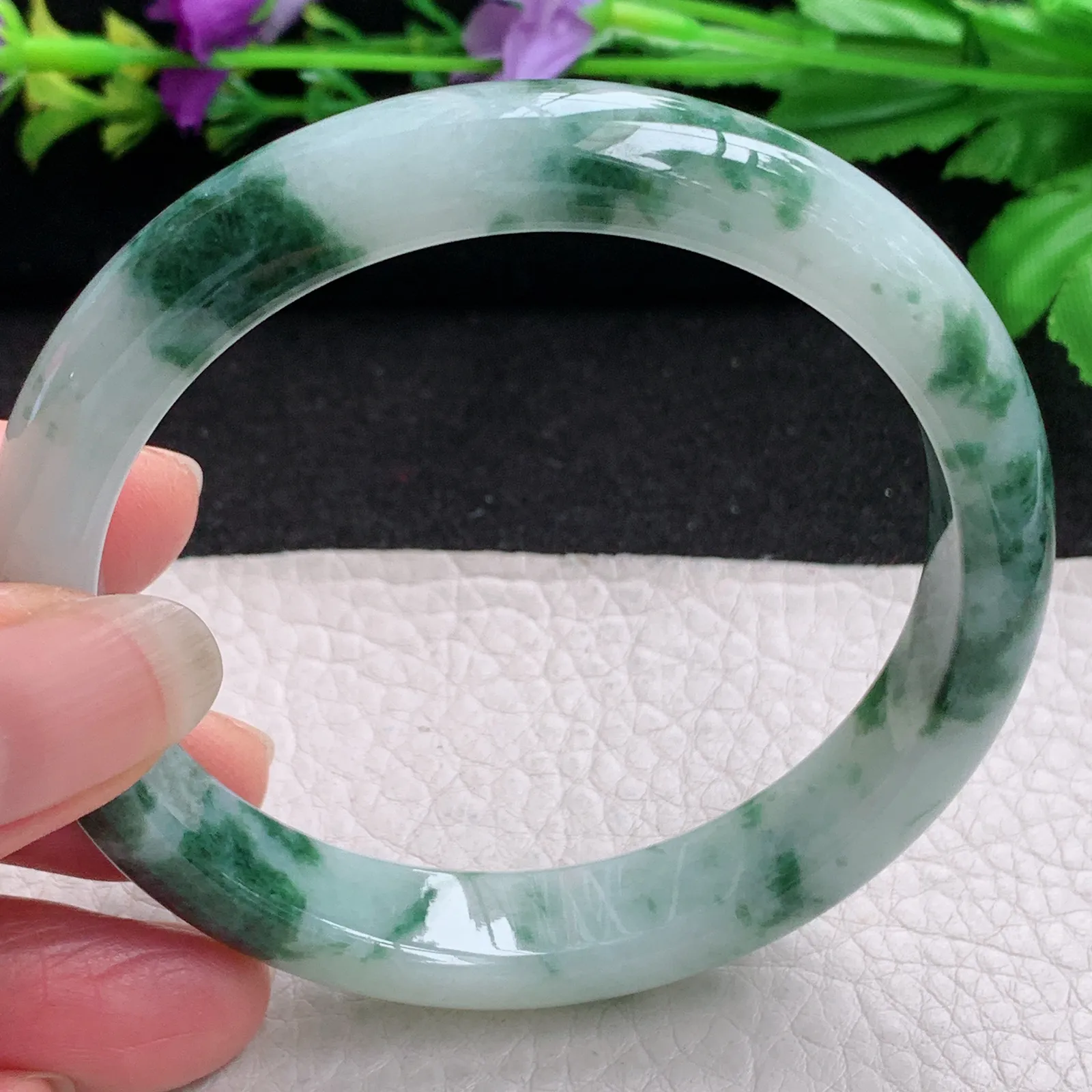 ll实拍59*11.8*7.8平安镯 缅甸翡翠精美冰飘花水润宽边玉手镯 玉手环