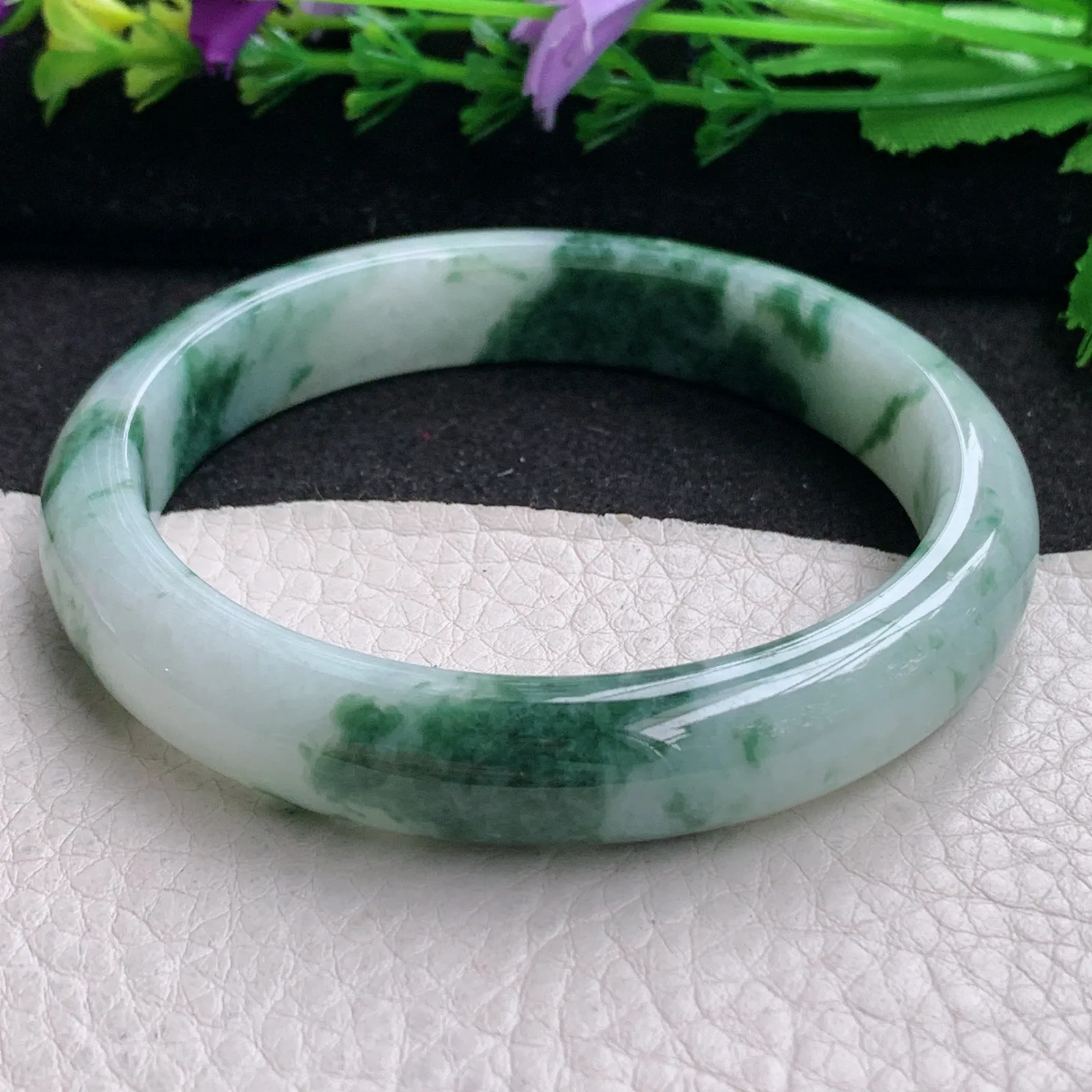 ll实拍59*11.8*7.8平安镯 缅甸翡翠精美冰飘花水润宽边玉手镯 玉手环