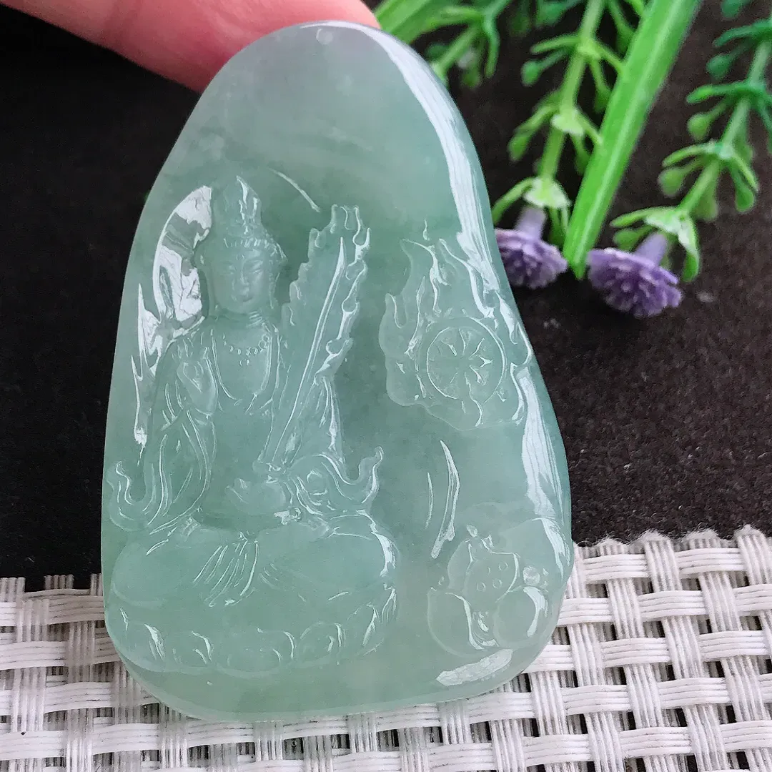 实拍A货翡翠60.6/41.8/6老坑冰胶水灵冰晴绿文殊菩萨吊坠翡翠观音玉牌挂件