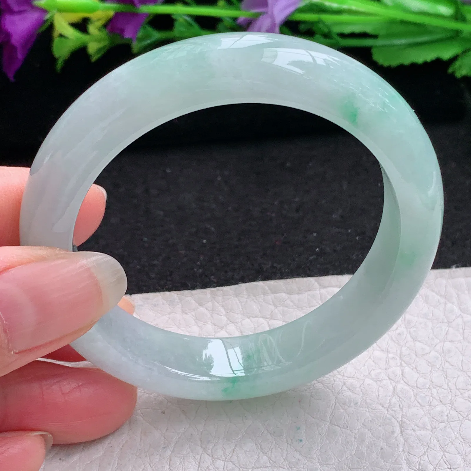 z小圈口52*12.5*8.5平安镯 缅甸翡翠精美冰飘花清爽宽边玉手镯 玉手环