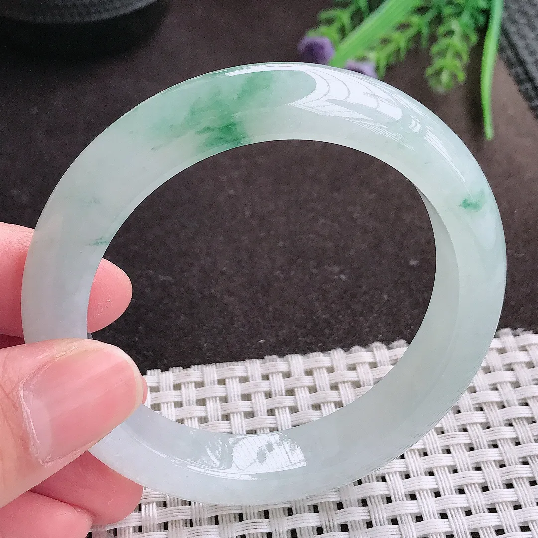 实拍A货翡翠58/11.8/9老坑冰胶果冻水灵飘花手镯宽边翡翠玉镯