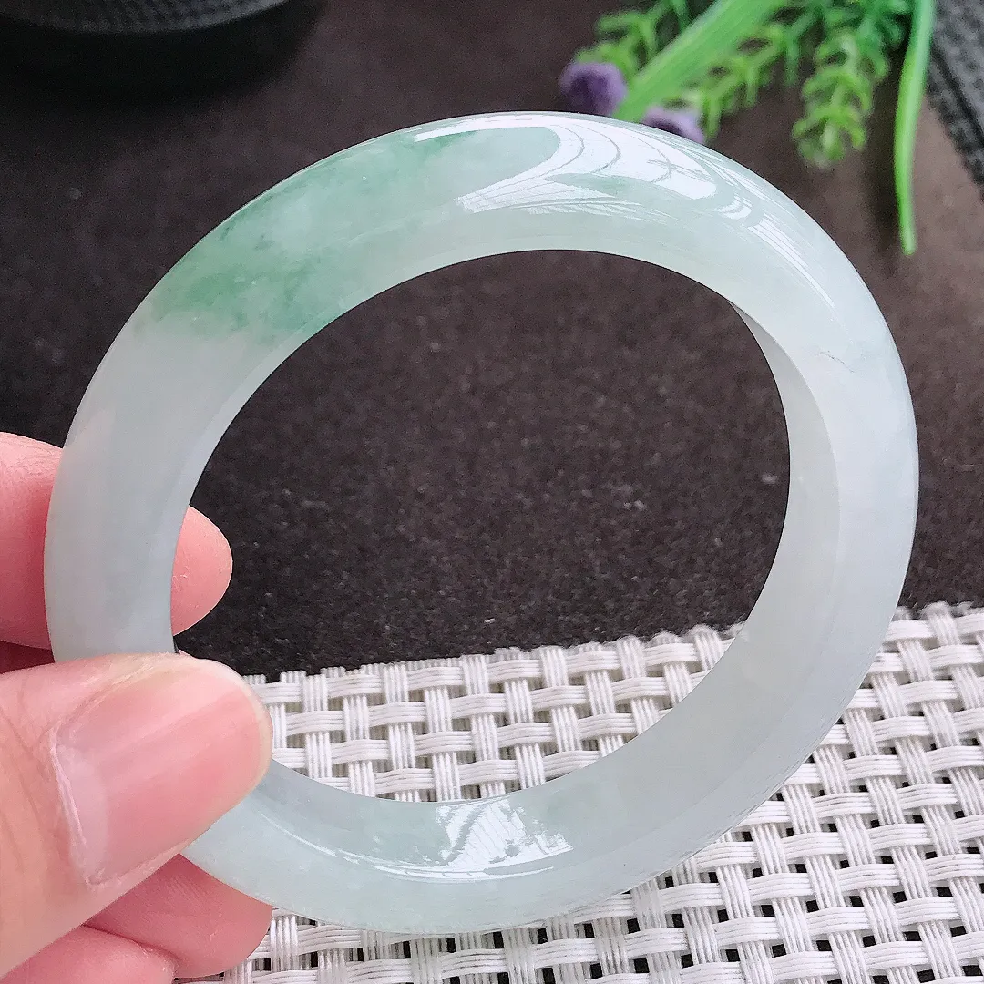 实拍A货翡翠58/11.8/9老坑冰胶果冻水灵飘花手镯宽边翡翠玉镯