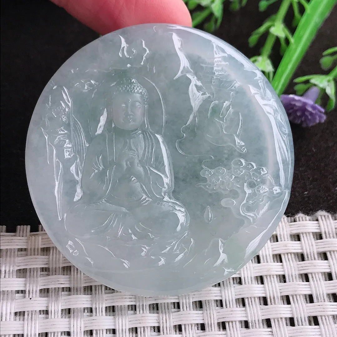 实拍A货翡翠50/5.2老坑冰润起胶如来佛祖吊坠翡翠玉牌挂件