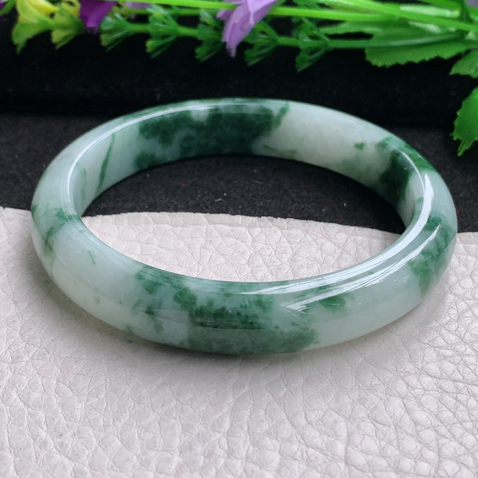 ll实拍59*11.8*7.8平安镯 缅甸翡翠精美冰飘花水润宽边玉手镯 玉手环