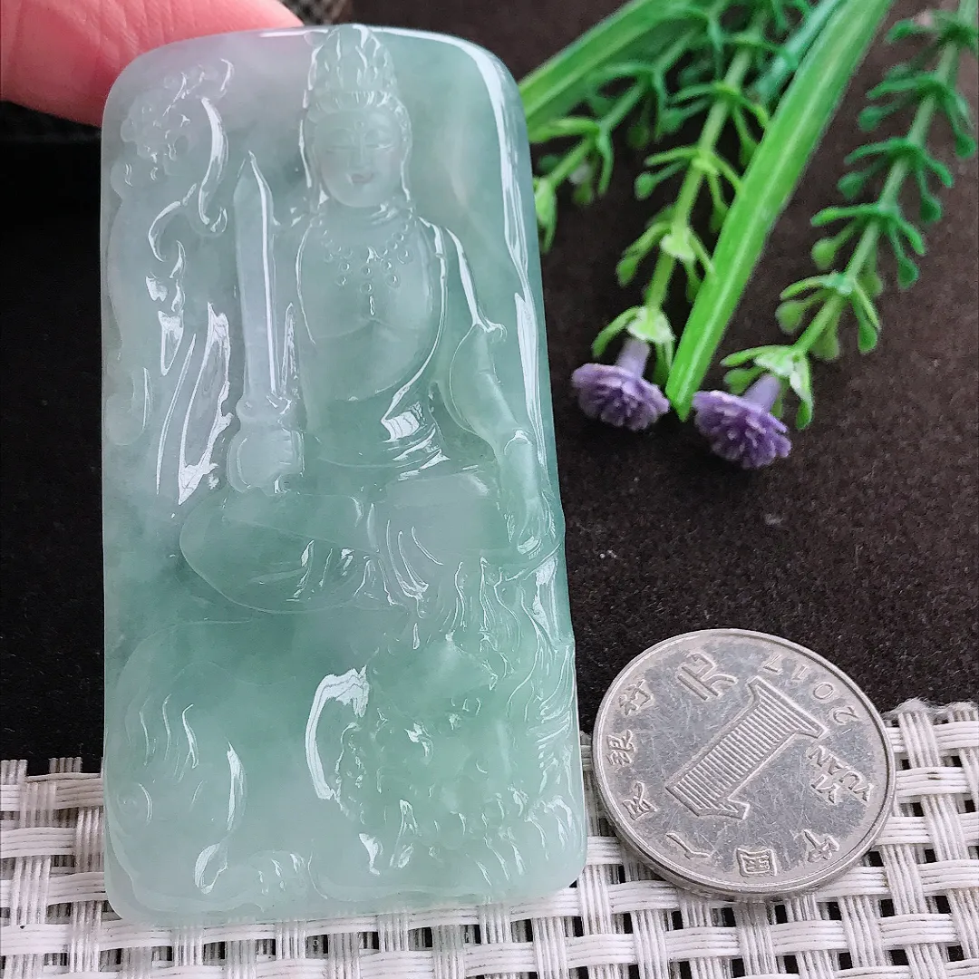 实拍A货翡翠70.6/39/5.5老坑冰胶水灵冰晴绿文殊菩萨吊坠翡翠玉牌挂件