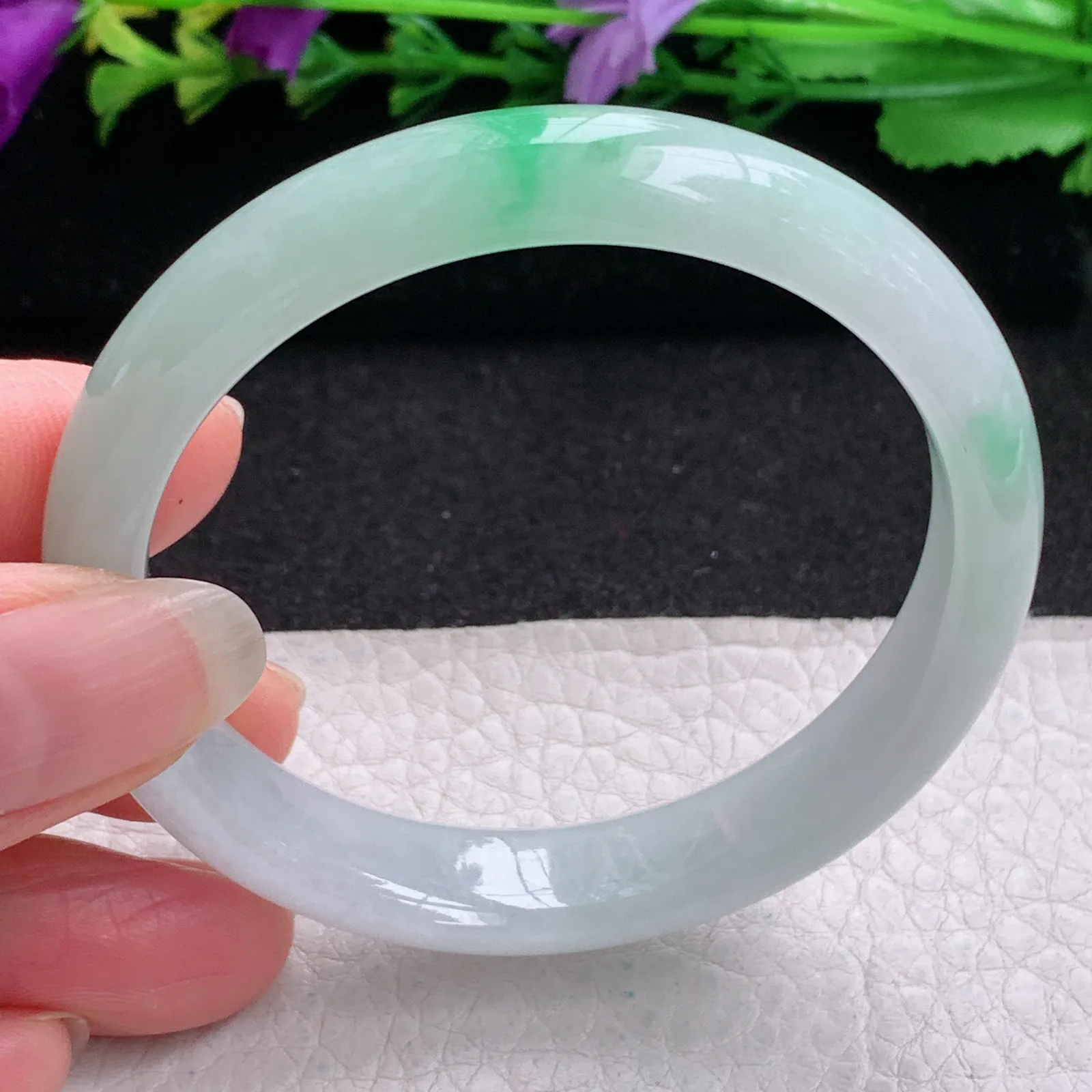 js实拍54.5*11.5*6.8平安镯 缅甸翡翠精美冰飘绿花宽边玉手镯 玉手环