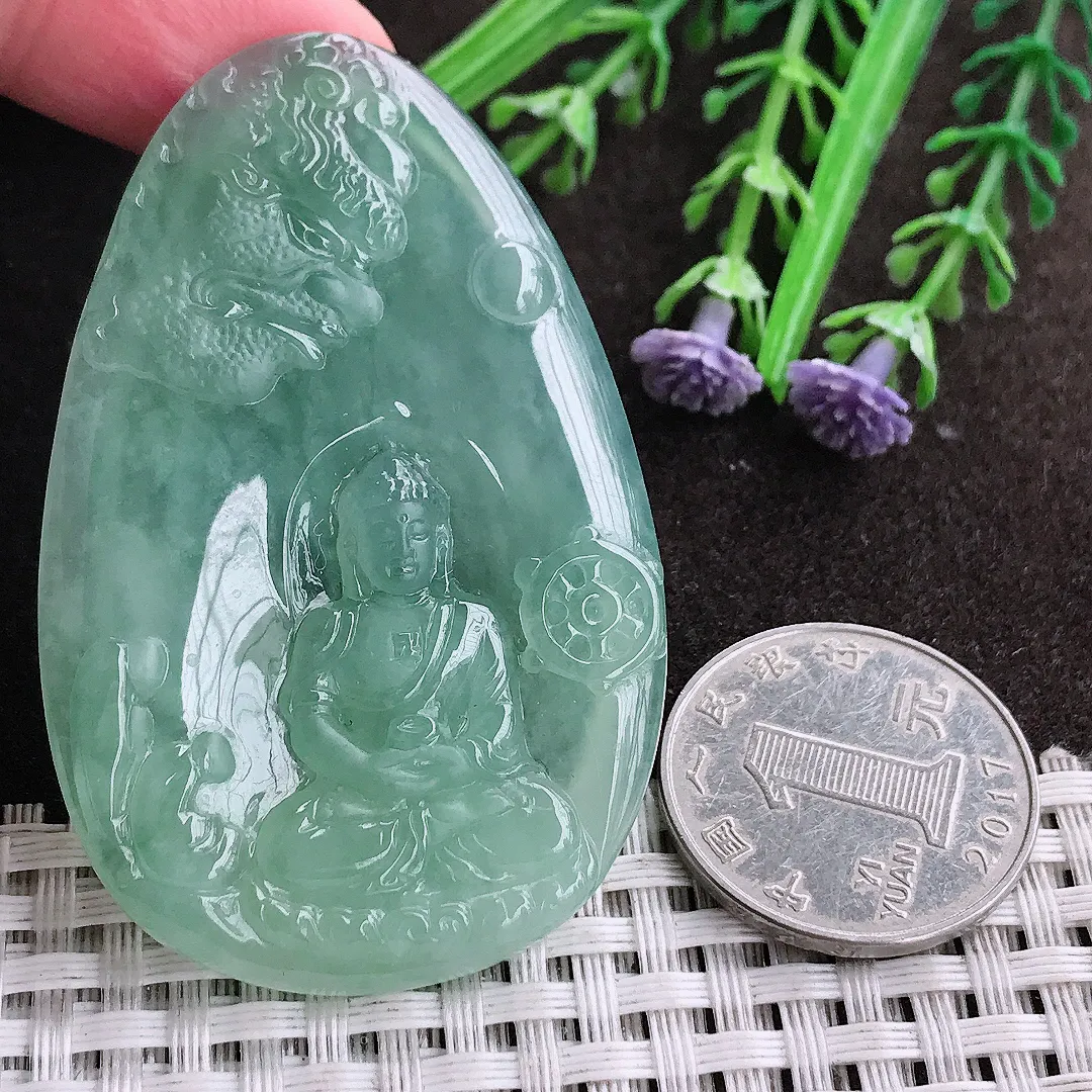 实拍A货翡翠61/39/5.1老坑冰胶果冻胶冰晴绿如来佛祖吊坠翡翠玉牌挂件