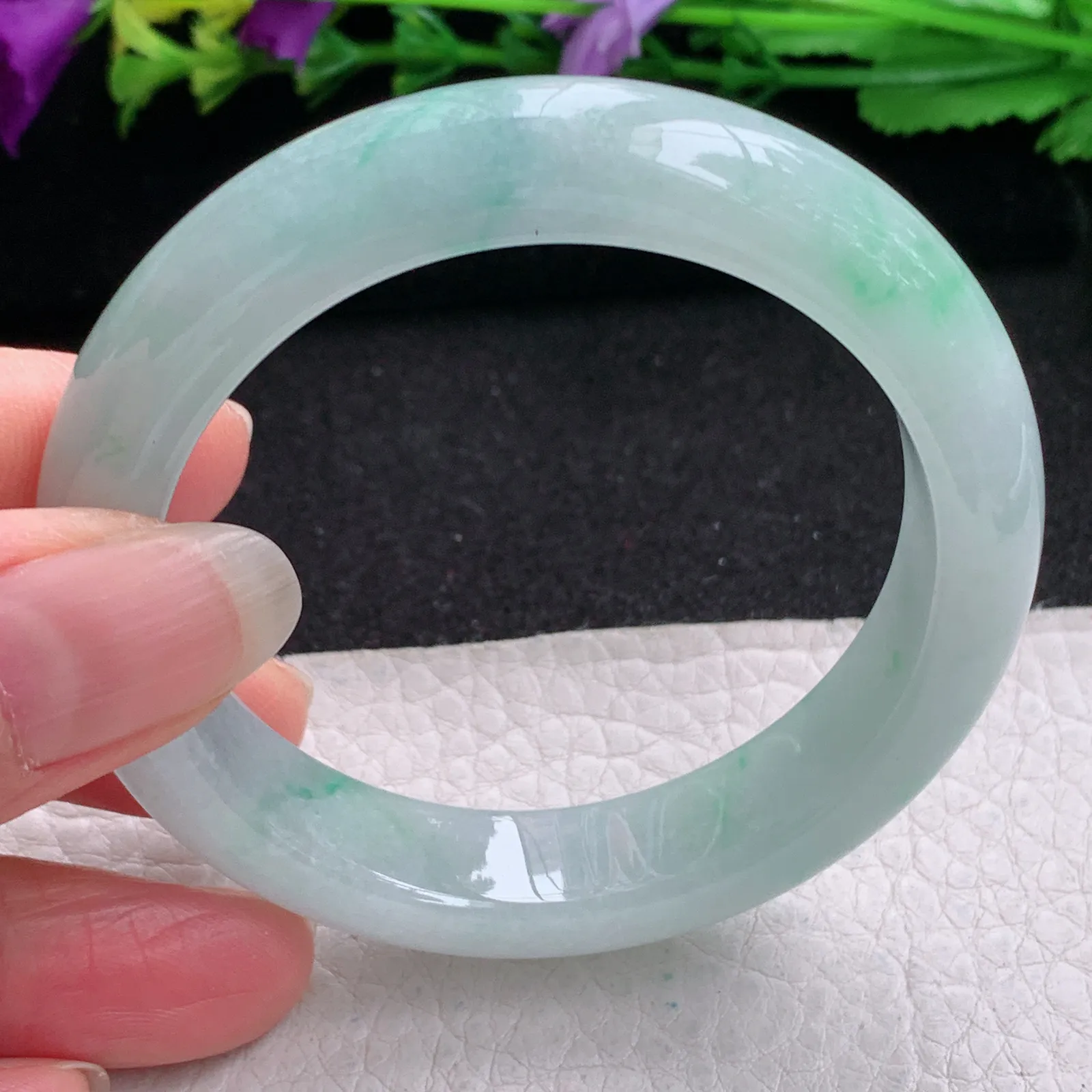 z小圈口52*12.5*8.5平安镯 缅甸翡翠精美冰飘花清爽宽边玉手镯 玉手环