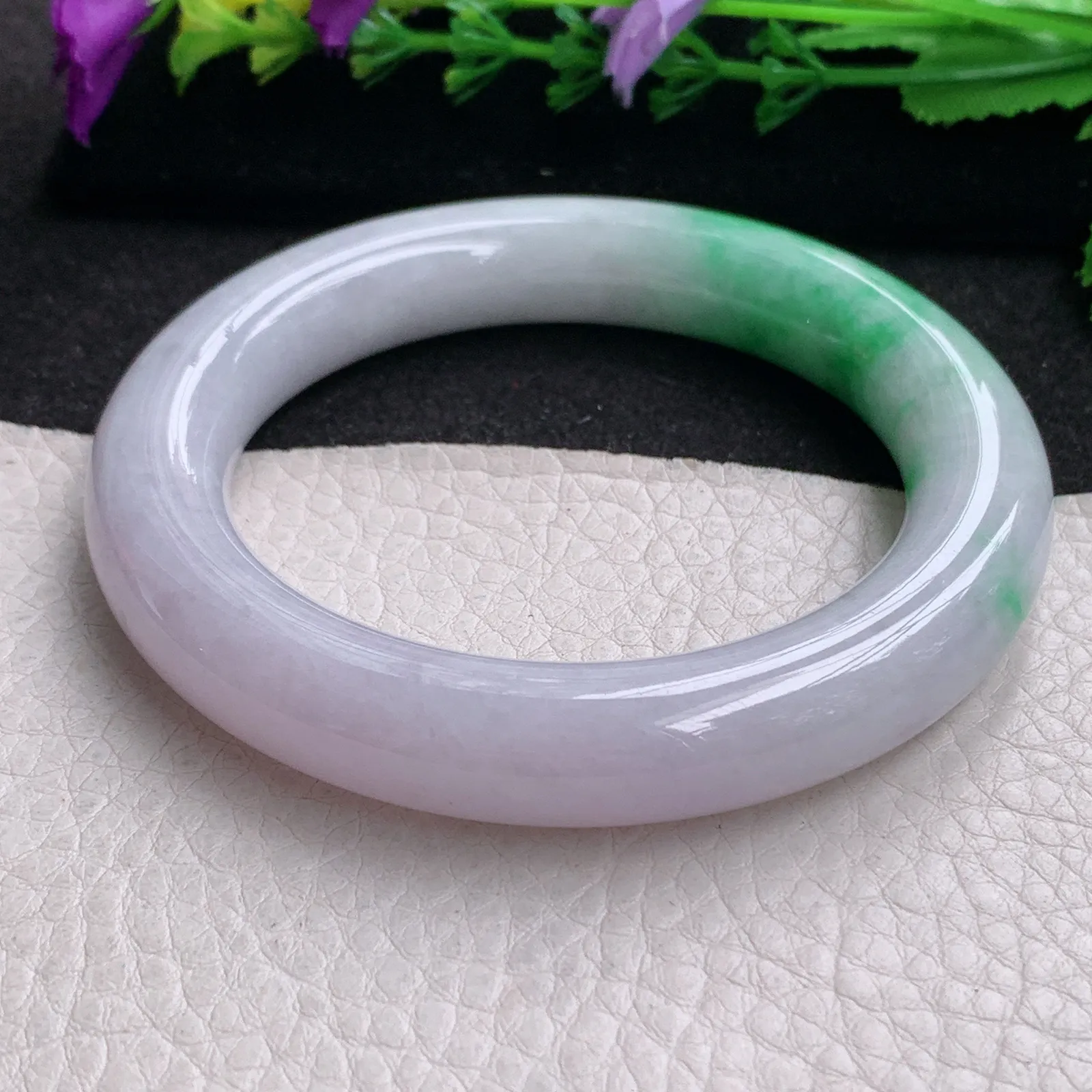 ll实拍57.5*12胖圆镯 缅甸翡翠精美春带彩圆条大气玉手镯 人镯