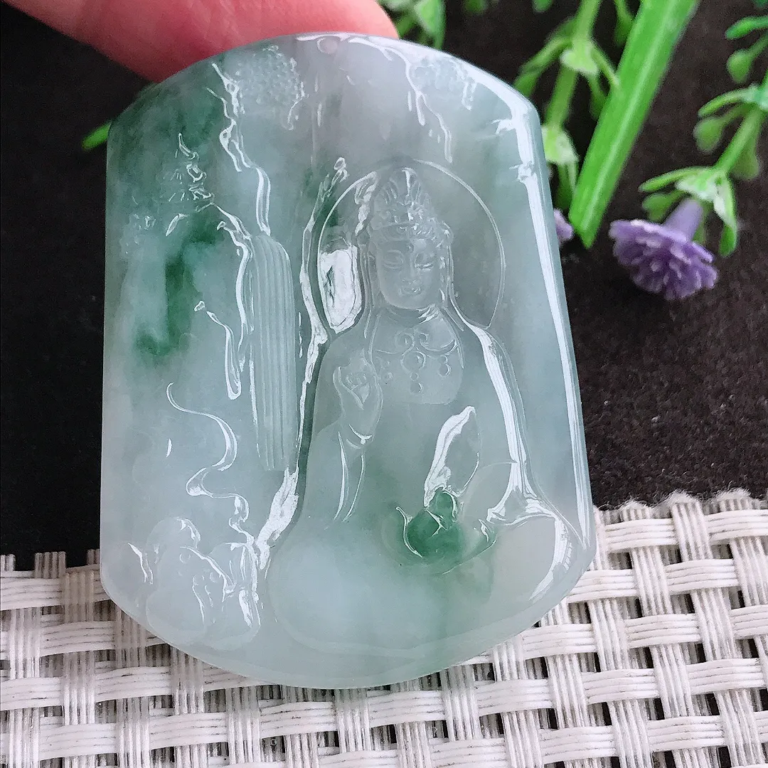 实拍A货翡翠50.6/37.8/5.5老坑冰润起胶冰飘花山水观音吊坠翡翠玉牌挂件