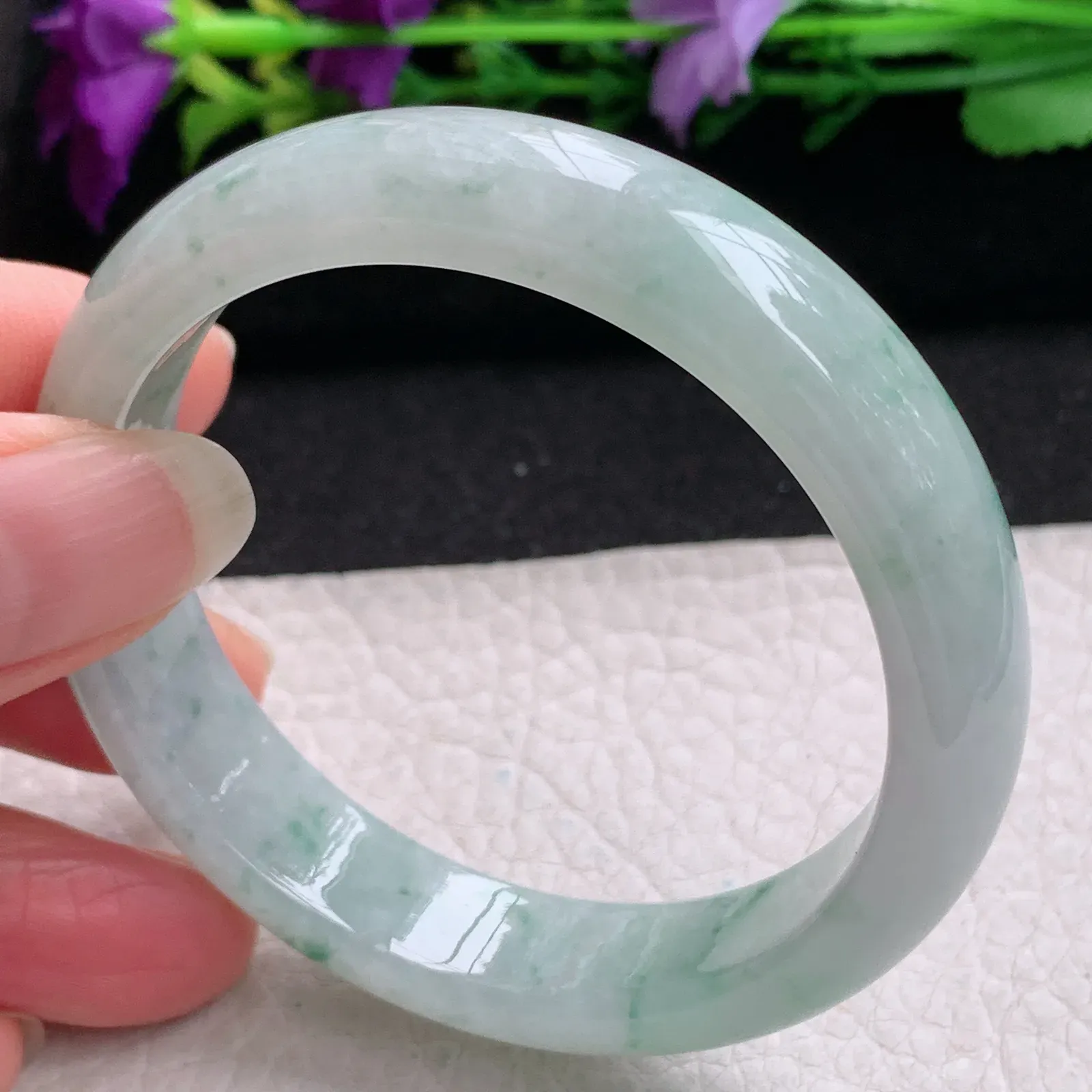 ll小圈口53*12.3*7平安镯 缅甸翡翠精美冰飘秀气宽边玉手镯 玉手环