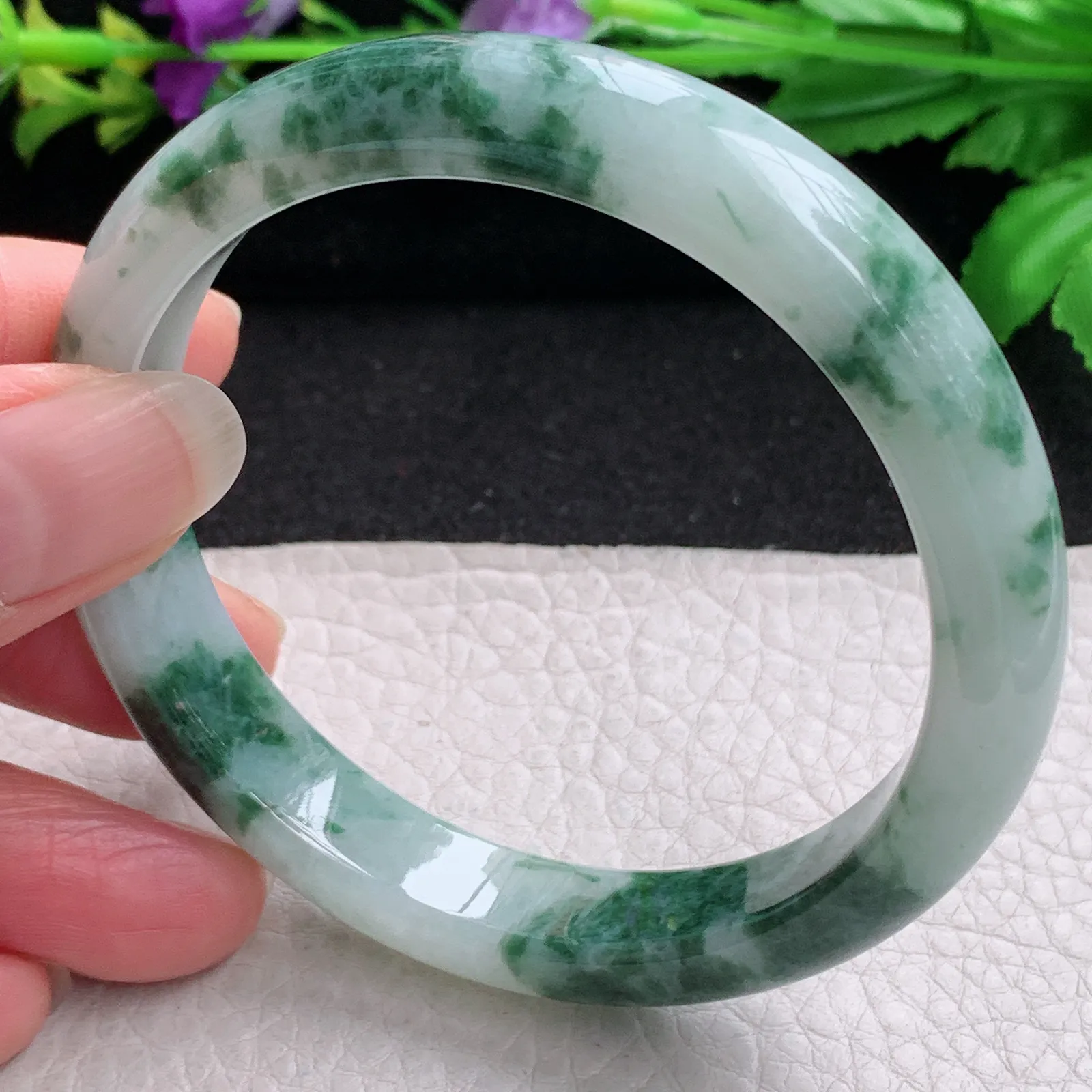 ll实拍59*11.8*7.8平安镯 缅甸翡翠精美冰飘花水润宽边玉手镯 玉手环