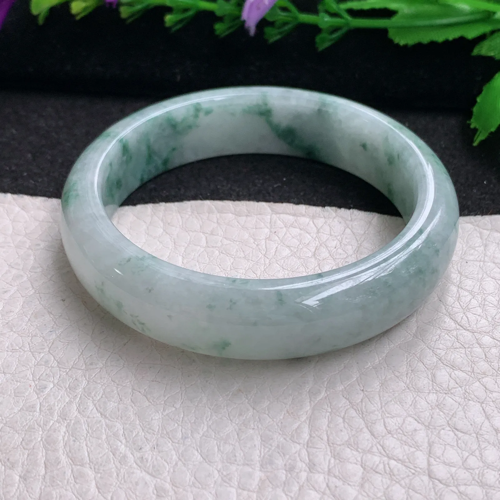 ll实拍53.3*13.8*7.5平安镯 缅甸翡翠精美飘花水润宽边玉手镯 玉手环
