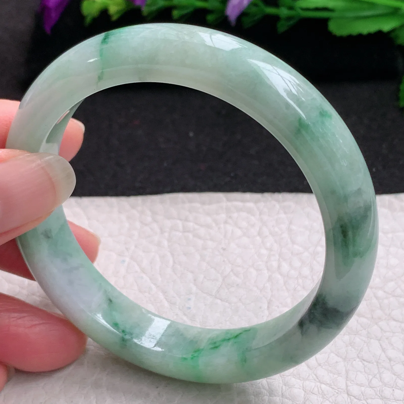 ll实拍58.5*12.5*9平安镯 缅甸翡翠精美飘花水润宽边玉手镯 玉手环