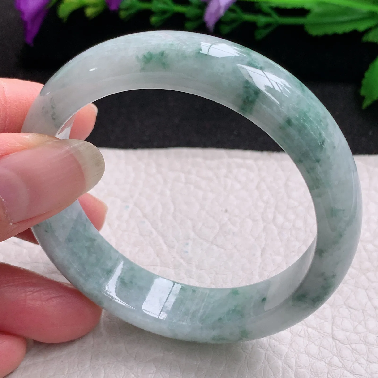 ll实拍53.3*13.8*7.5平安镯 缅甸翡翠精美飘花水润宽边玉手镯 玉手环