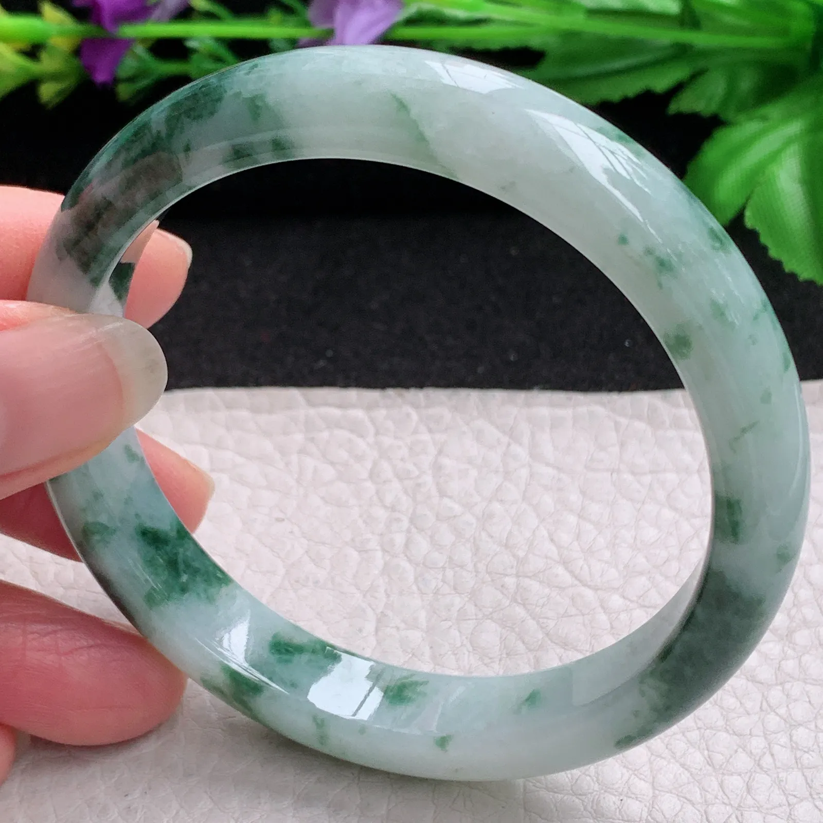 ll实拍59*11.8*7.8平安镯 缅甸翡翠精美冰飘花水润宽边玉手镯 玉手环