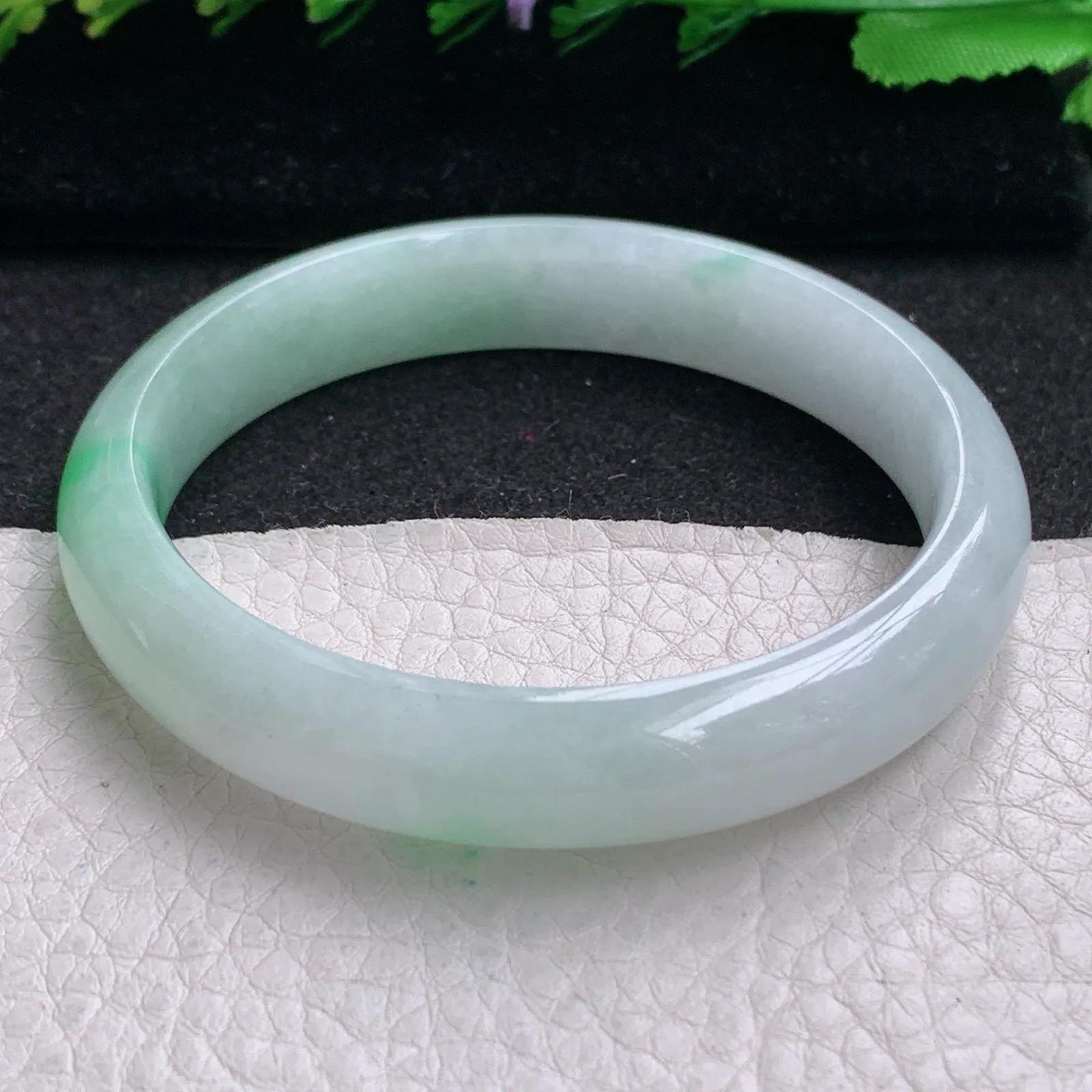 js实拍54.5*11.5*6.8平安镯 缅甸翡翠精美冰飘绿花宽边玉手镯 玉手环