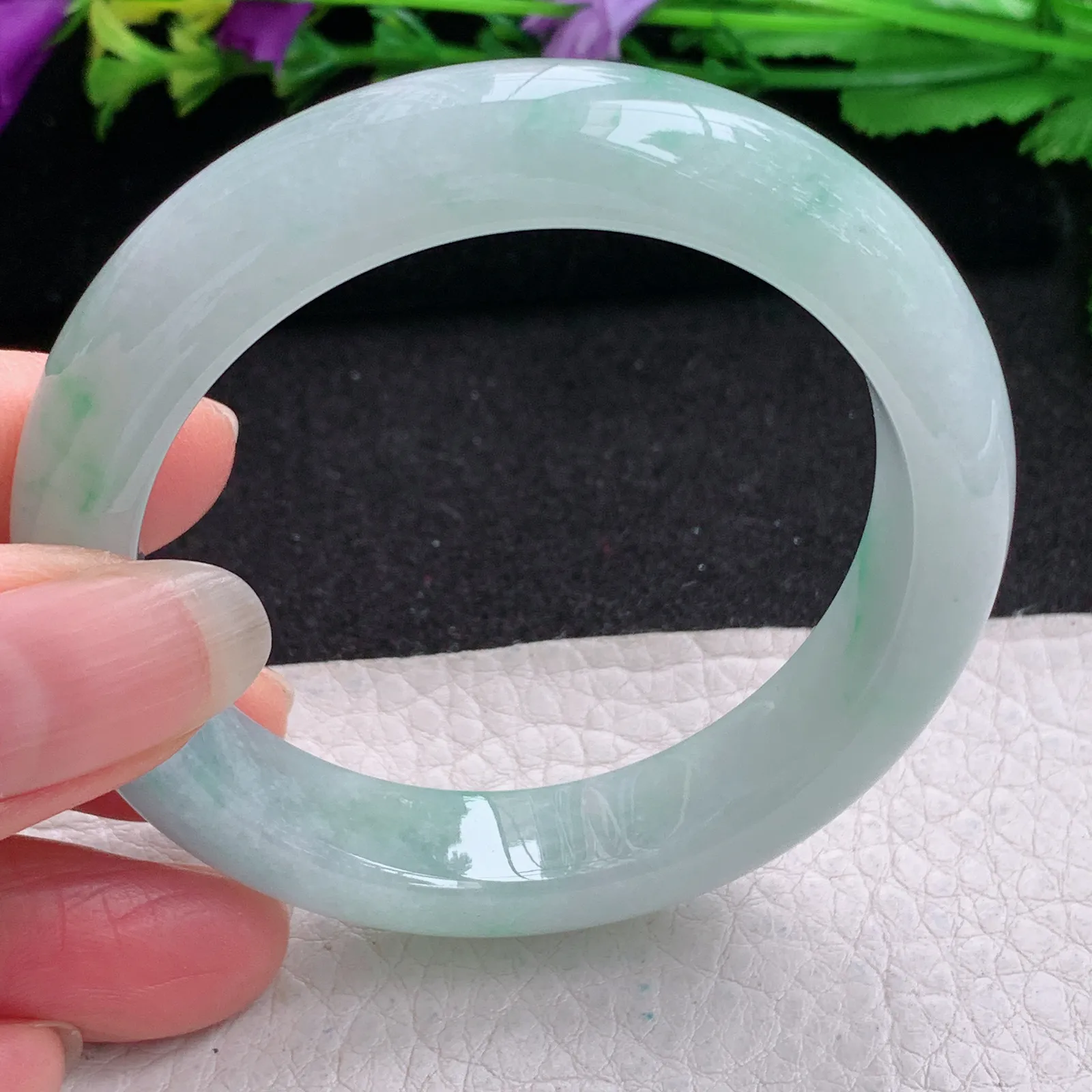 z小圈口52*12.5*8.5平安镯 缅甸翡翠精美冰飘花清爽宽边玉手镯 玉手环