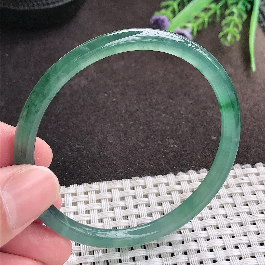 实拍A货翡翠58/5.8老坑冰胶水灵满色蓝韵手镯圆条翡翠玉镯叮当镯