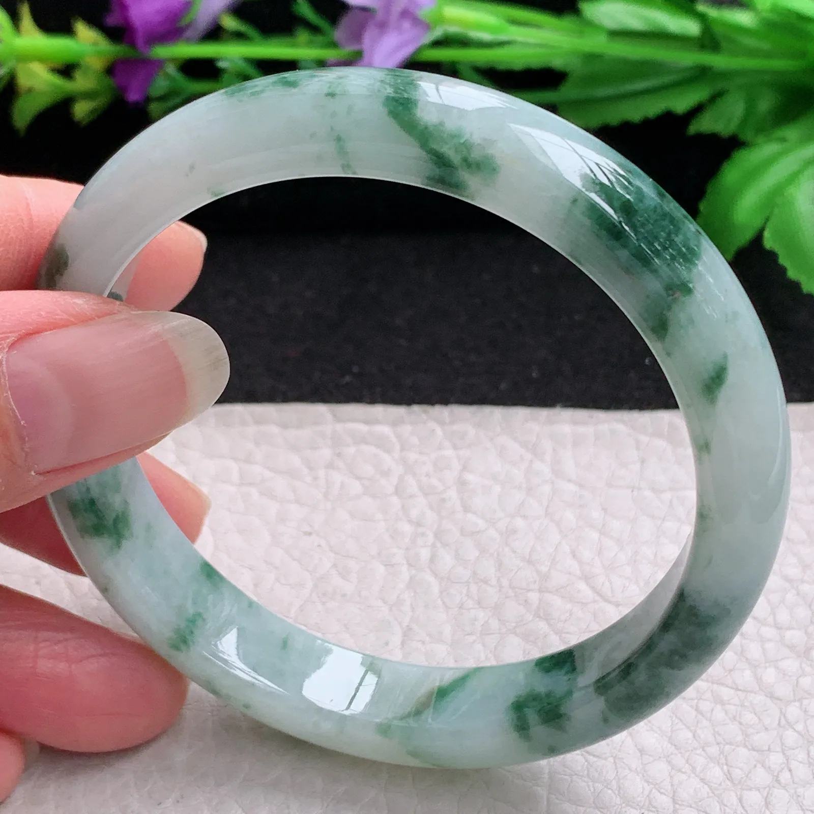 ll实拍59*11.8*7.8平安镯 缅甸翡翠精美冰飘花水润宽边玉手镯 玉手环