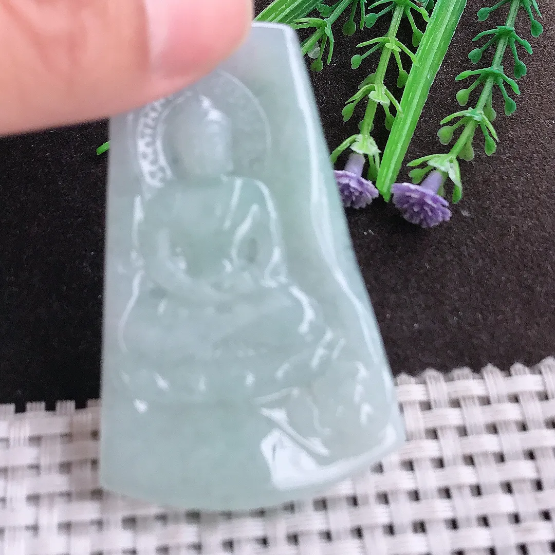 实拍A货翡翠62.8/40/4.5老坑秀气冰润大日如来佛祖吊坠翡翠玉牌挂件