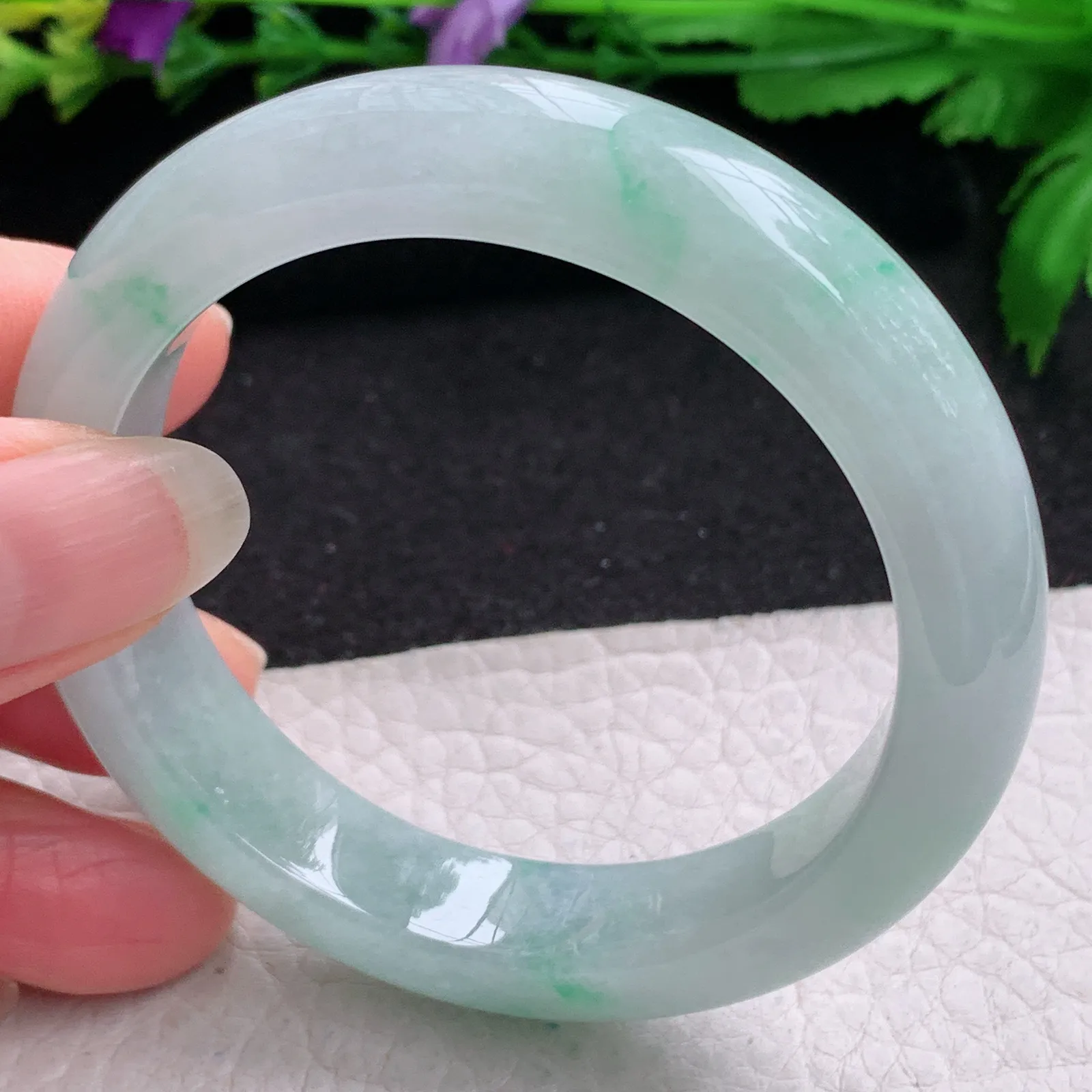 z小圈口52*12.5*8.5平安镯 缅甸翡翠精美冰飘花清爽宽边玉手镯 玉手环