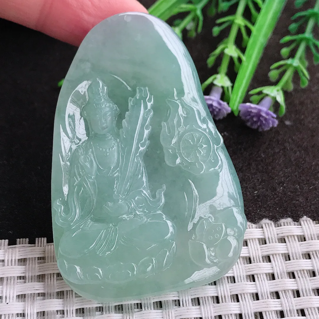 实拍A货翡翠60.6/41.8/6老坑冰胶水灵冰晴绿文殊菩萨吊坠翡翠观音玉牌挂件