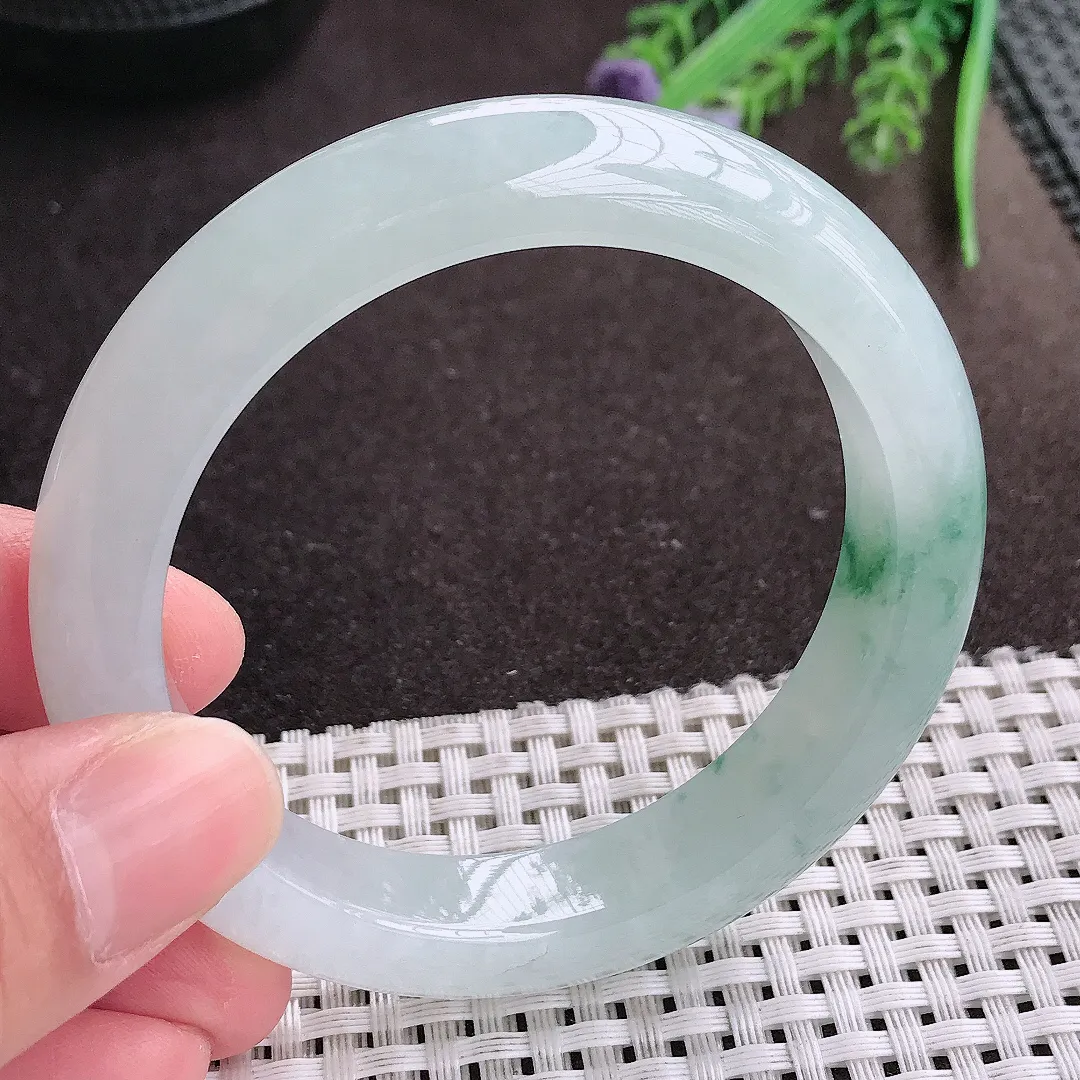 实拍A货翡翠58/11.8/9老坑冰胶果冻水灵飘花手镯宽边翡翠玉镯