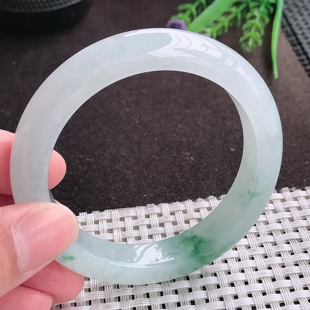实拍A货翡翠58/11.8/9老坑冰胶果冻水灵飘花手镯宽边翡翠玉镯