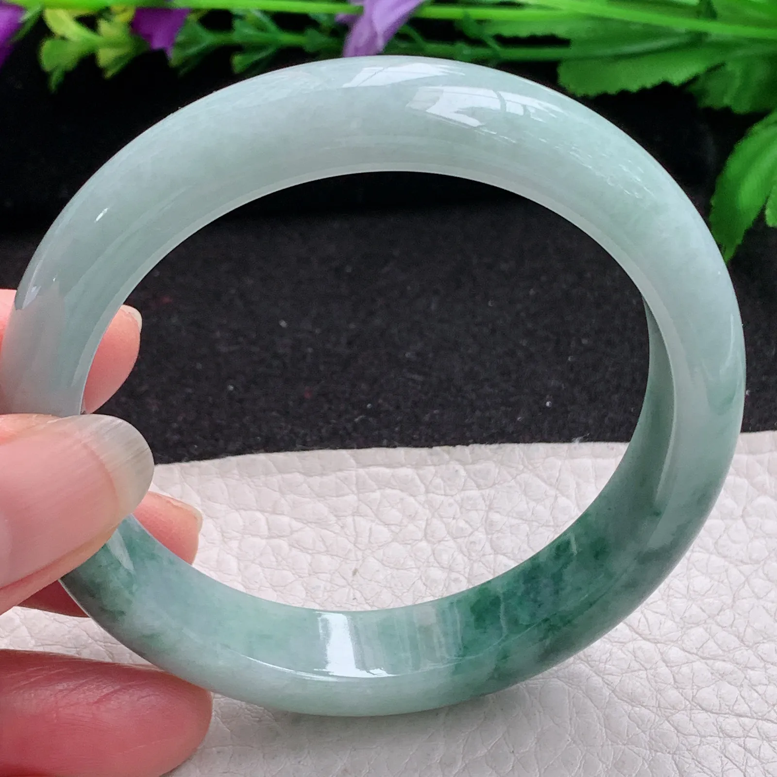 ll实拍58.6*13*8平安镯 缅甸翡翠精美飘花水润宽边玉手镯 玉手环