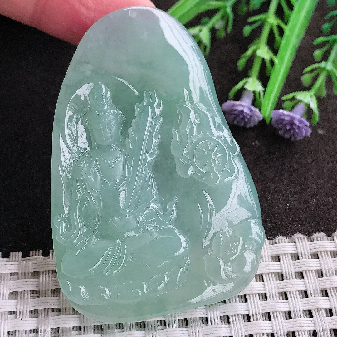 实拍A货翡翠60.6/41.8/6老坑冰胶水灵冰晴绿文殊菩萨吊坠翡翠观音玉牌挂件
