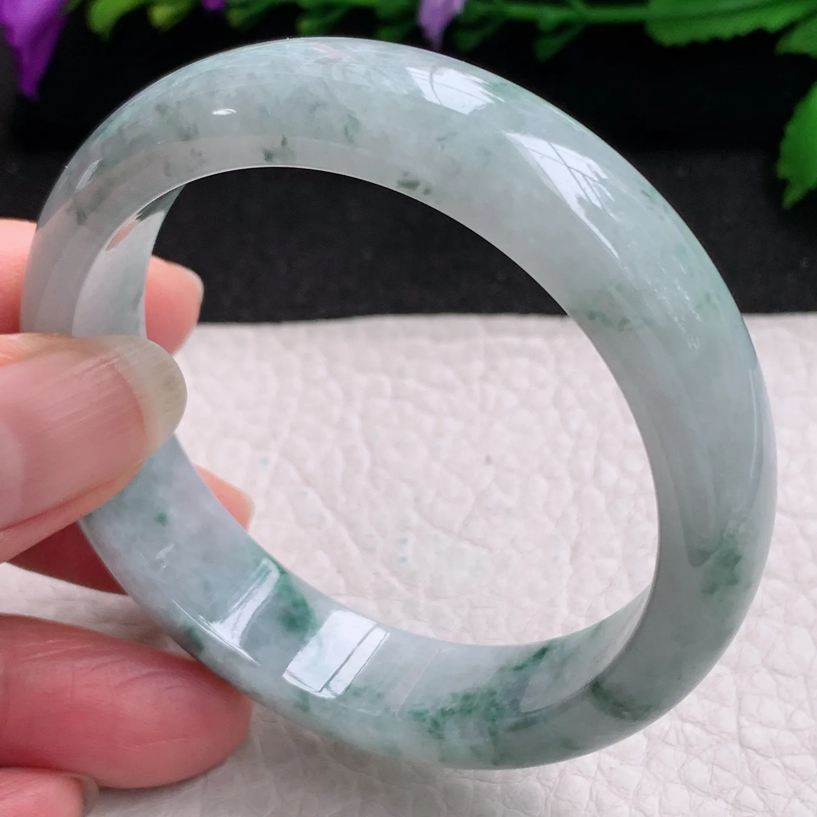 ll实拍53.3*13.8*7.5平安镯 缅甸翡翠精美飘花水润宽边玉手镯 玉手环