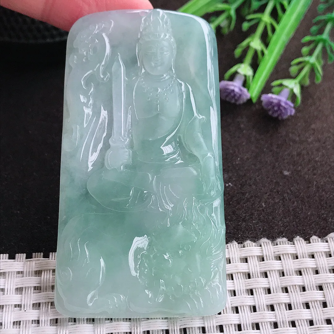 实拍A货翡翠70.6/39/5.5老坑冰胶水灵冰晴绿文殊菩萨吊坠翡翠玉牌挂件
