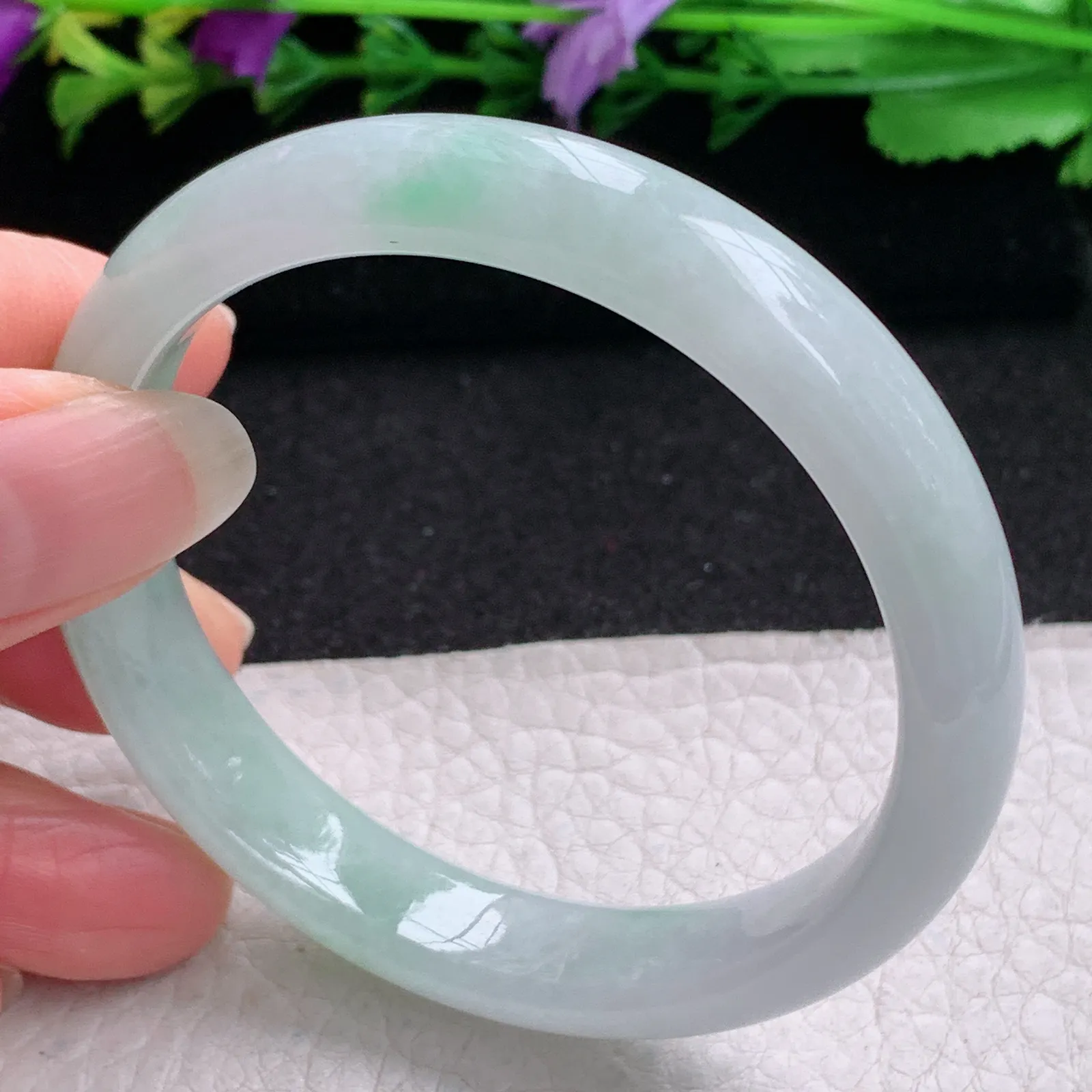 js实拍54.5*11.5*6.8平安镯 缅甸翡翠精美冰飘绿花宽边玉手镯 玉手环