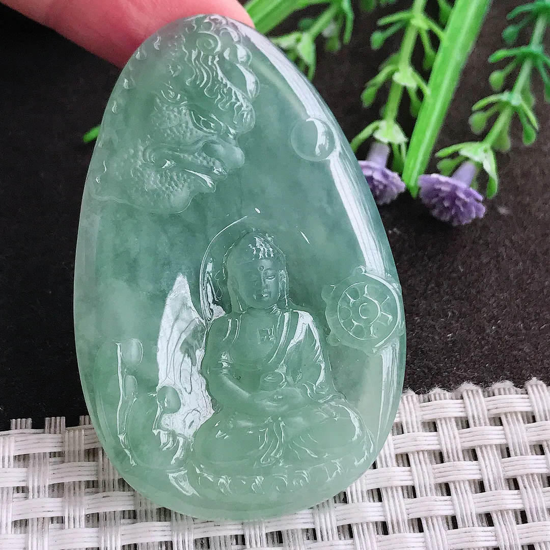 实拍A货翡翠61/39/5.1老坑冰胶果冻胶冰晴绿如来佛祖吊坠翡翠玉牌挂件