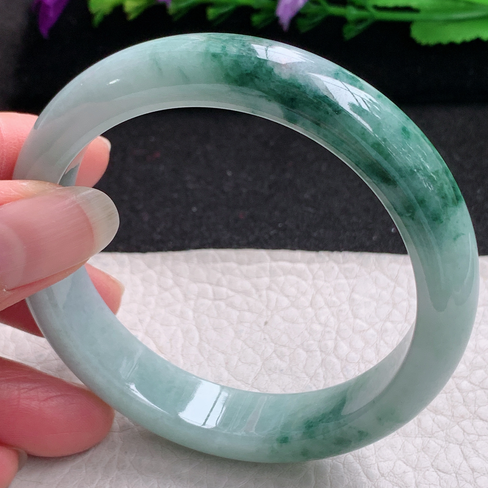 ll实拍58.6*13*8平安镯 缅甸翡翠精美飘花水润宽边玉手镯 玉手环