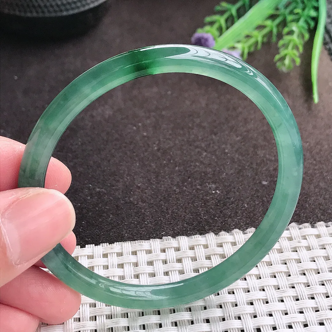 实拍A货翡翠58/6老坑冰纯果冻胶满蓝韵圆条手镯翡翠玉镯